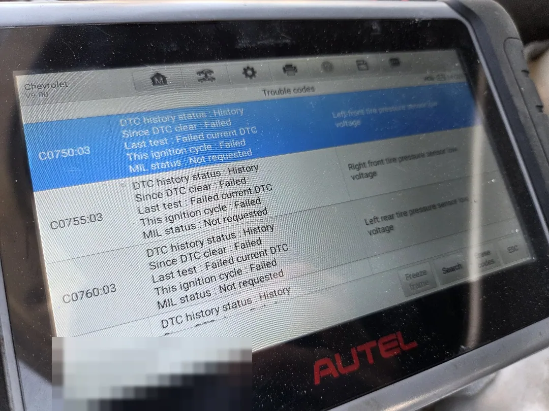 Live trouble codes on the Autel: three tire pressure sensor faults, all stored as history — Jurupa Valley, CA