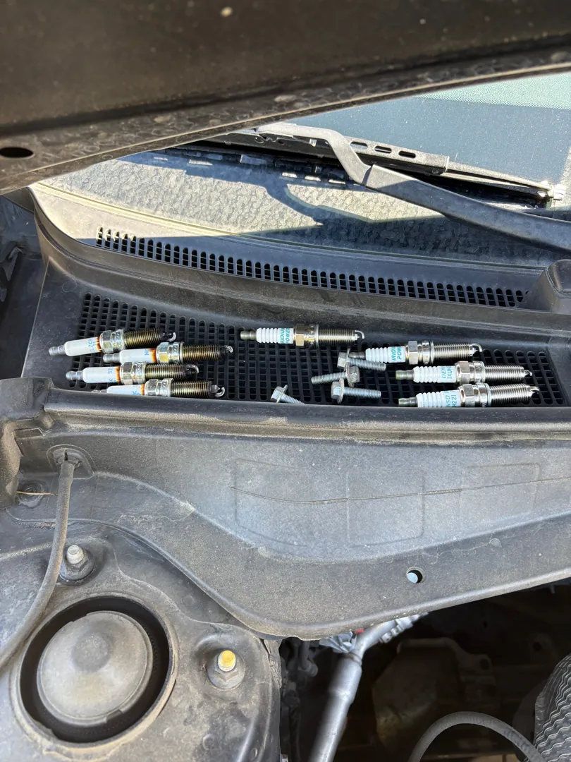 Old spark plugs laid out on the cowl as they came out, cylinder by cylinder — Hemet, CA